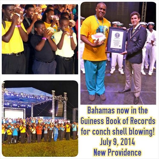 Photo: Christian Justilien has led the #Bahamas into the #GuinessBookofWorldRecords for most #conch shells blown at the same time. The event occurred last night, July 9th, 2014 with a Guiness Book judge on hand to confirm. Did you watch it live? Happy 41 Bahamas! Share with someone who may not know