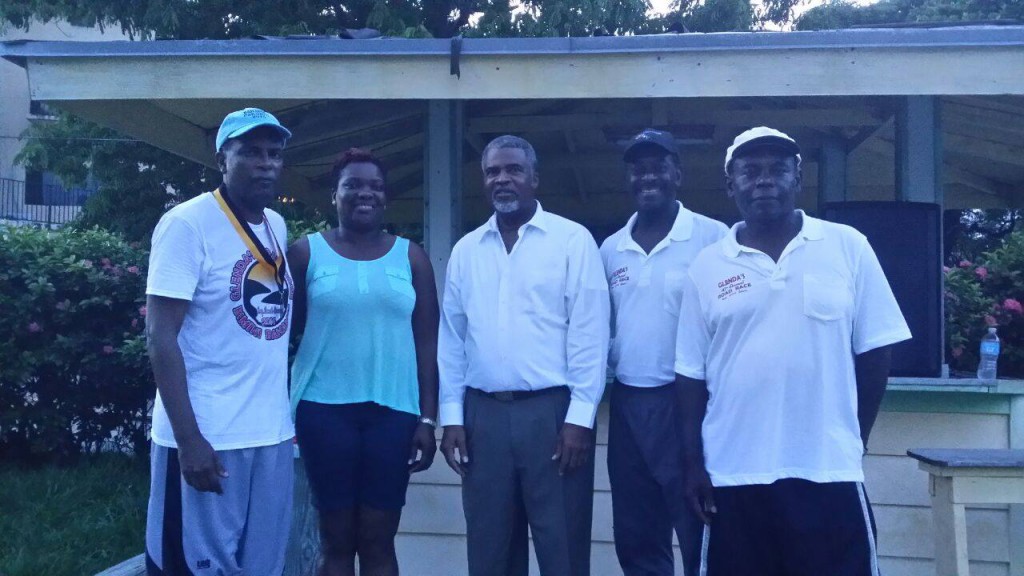 Fred Mitchell MP winner in the over fifty category 47th annual Glenda's Road Race in Bimini 7th August. Glenda Rolle is next to him; next to her is Bimini Administrator Monroe; Leonard Stuart, Ministry of Tourism and race organizer; Vincent Ellis, race marshal